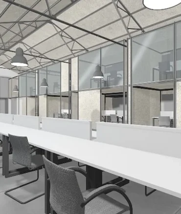 Simulação do interior do futuro Centro Empresarial e espaço de coworking Celeiro de Ideias, em Alcoutim