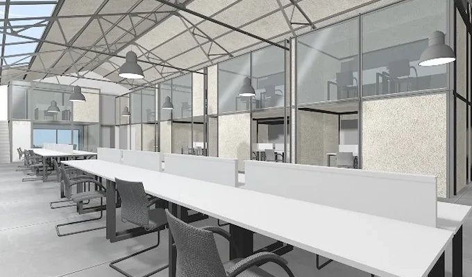 Simulação do interior do futuro Centro Empresarial e espaço de coworking Celeiro de Ideias, em Alcoutim