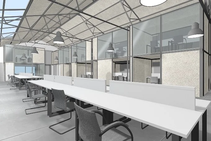 Simulação do interior do futuro Centro Empresarial e espaço de coworking Celeiro de Ideias, em Alcoutim